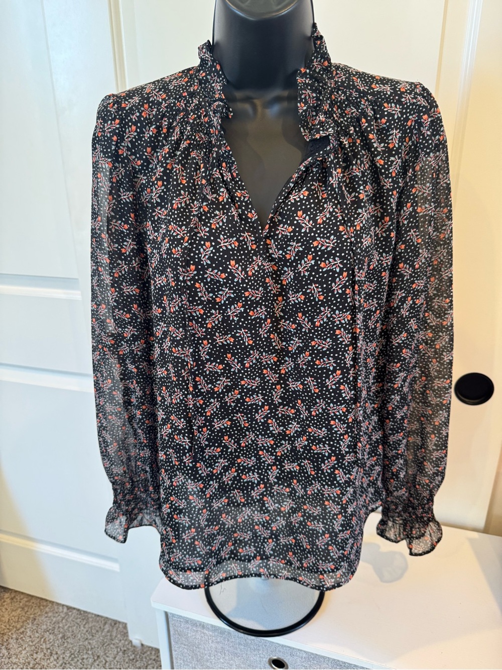LOFT Black Sheer Floral Ruffle-Neck Blouse